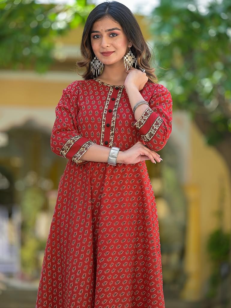 Yash Gallery Women's Cotton Regular Fit Floral Printed Anarkali Kurta For Women (1248YKMAROON_Maroon_X-Large) - Image 5