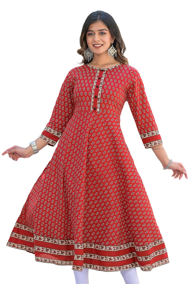 Yash Gallery Women's Cotton Regular Fit Floral Printed Anarkali Kurta For Women (1248YKMAROON_Maroon_X-Large) - Image 1