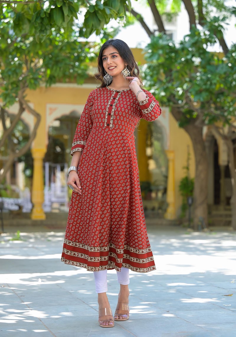 Yash Gallery Women's Cotton Regular Fit Floral Printed Anarkali Kurta For Women (1248YKMAROON_Maroon_X-Large) - Image 3