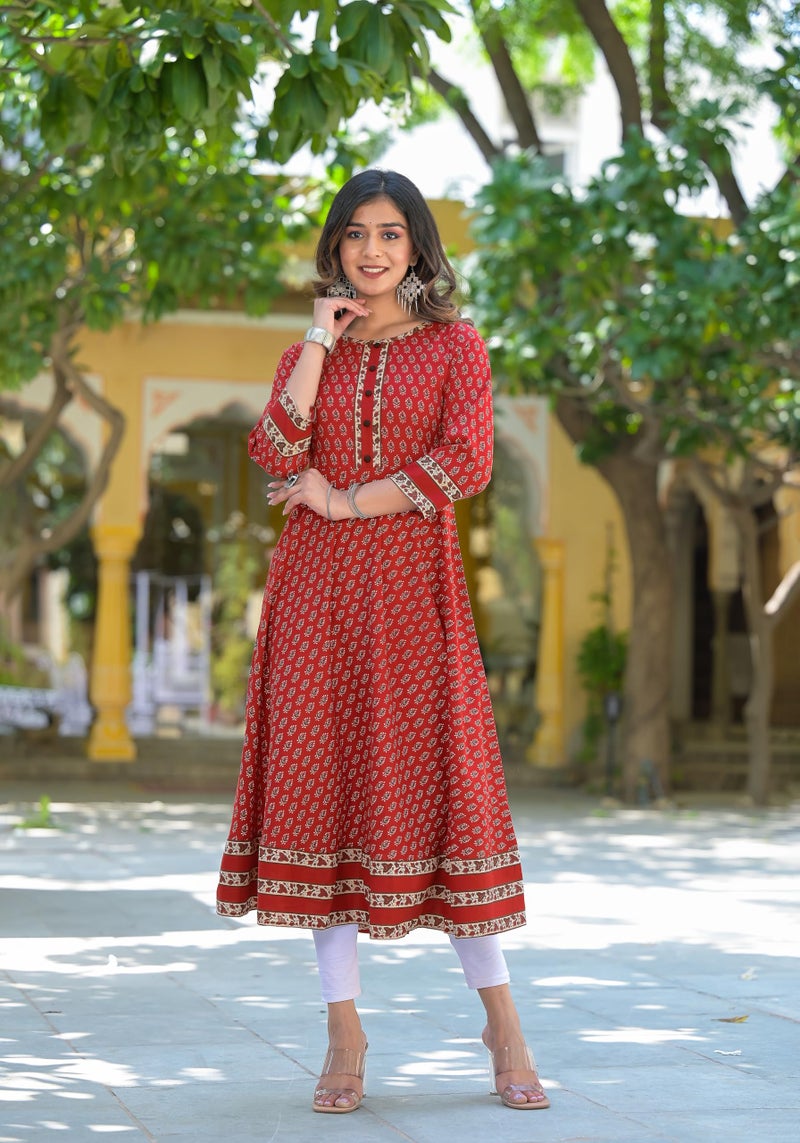 Yash Gallery Women's Cotton Regular Fit Floral Printed Anarkali Kurta For Women (1248YKMAROON_Maroon_X-Large) - Image 2