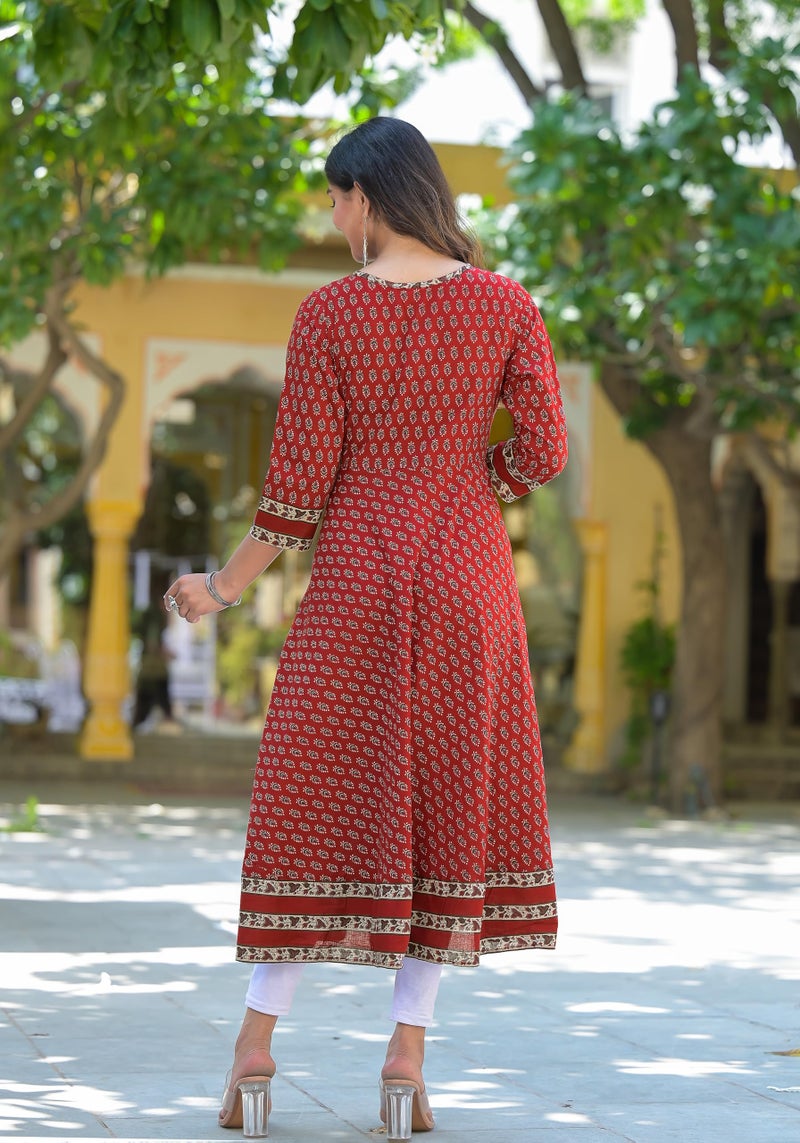 Yash Gallery Women's Cotton Regular Fit Floral Printed Anarkali Kurta For Women (1248YKMAROON_Maroon_X-Large) - Image 4