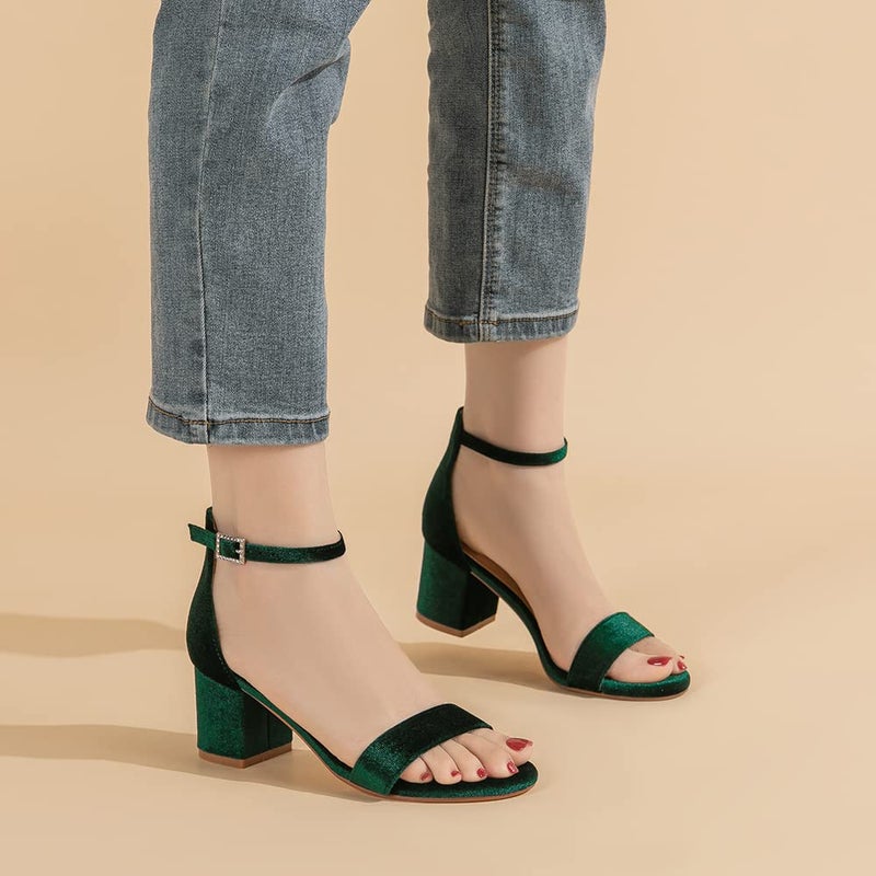 Amoji Women's Block Heels 2.5 Inch Strappy Heels Dressy Sandals Ankle Strap Lady Low Heels Chunky Heeled Sandals 301 VelvetGreen Size 7 women - Image 2