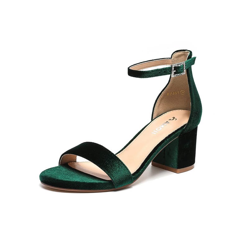 Amoji Women's Block Heels 2.5 Inch Strappy Heels Dressy Sandals Ankle Strap Lady Low Heels Chunky Heeled Sandals 301 VelvetGreen Size 7 women - Image 1