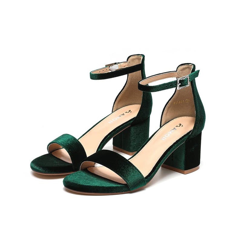 Amoji Women's Block Heels 2.5 Inch Strappy Heels Dressy Sandals Ankle Strap Lady Low Heels Chunky Heeled Sandals 301 VelvetGreen Size 7 women - Image 5