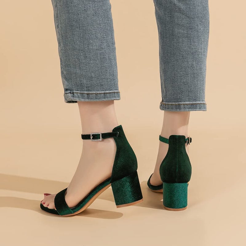 Amoji Women's Block Heels 2.5 Inch Strappy Heels Dressy Sandals Ankle Strap Lady Low Heels Chunky Heeled Sandals 301 VelvetGreen Size 7 women - Image 3