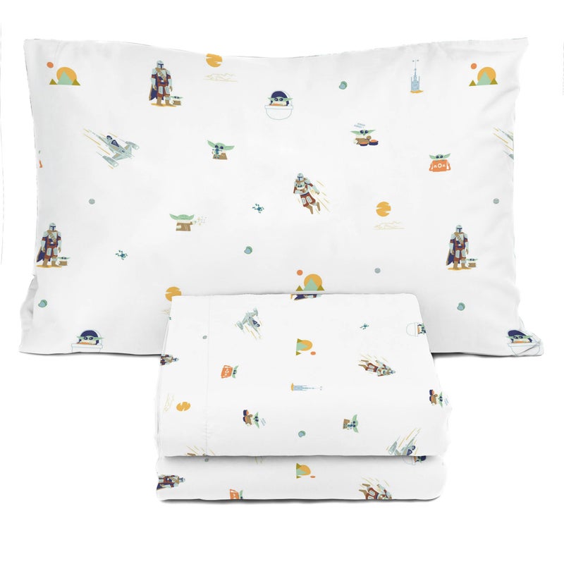 Sunny Side Up Kids Sheet Set with Fitted Flat Sheets Pillow Cover UltraSoft Bedding with Pillowcase for Room Decor White Star Wars Mandalorian 3 Piece Twin - Image 2