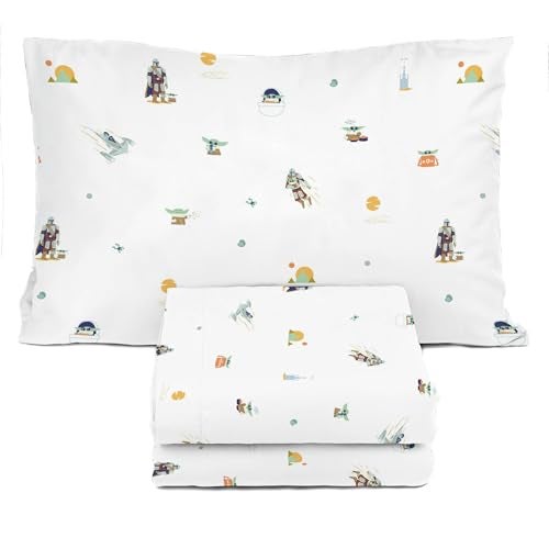 Sunny Side Up Kids Sheet Set with Fitted Flat Sheets Pillow Cover UltraSoft Bedding with Pillowcase for Room Decor White Star Wars Mandalorian 3 Piece Twin - Image 1
