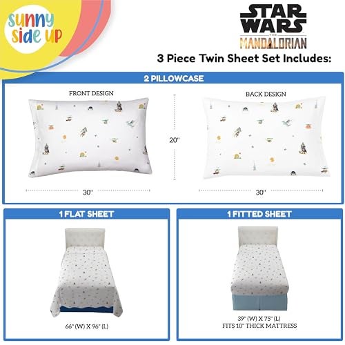 Sunny Side Up Kids Sheet Set with Fitted Flat Sheets Pillow Cover UltraSoft Bedding with Pillowcase for Room Decor White Star Wars Mandalorian 3 Piece Twin - Image 3