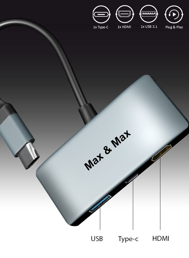 Max & Max USB Type-C 3-in-1 Hub Adapter – HDMI, Type-C & USB-A Ports Compatible with MacBook, Chrome & Windows Laptops – Grey - Image 4