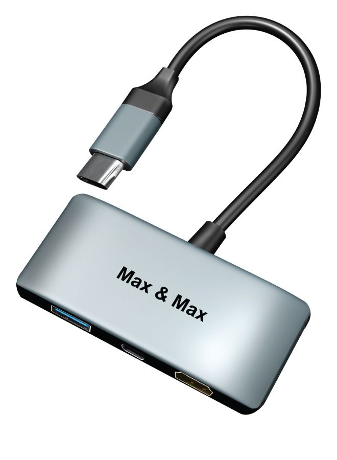 Max & Max USB Type-C 3-in-1 Hub Adapter – HDMI, Type-C & USB-A Ports Compatible with MacBook, Chrome & Windows Laptops – Grey - Image 1