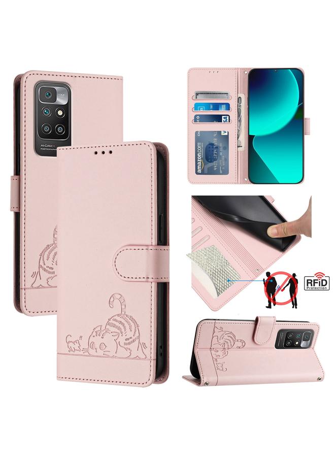 Case For Xiaomi Redmi 10 2022 Global Cat Rat Embossed Pattern RFID Leather Phone Case with Lanyard