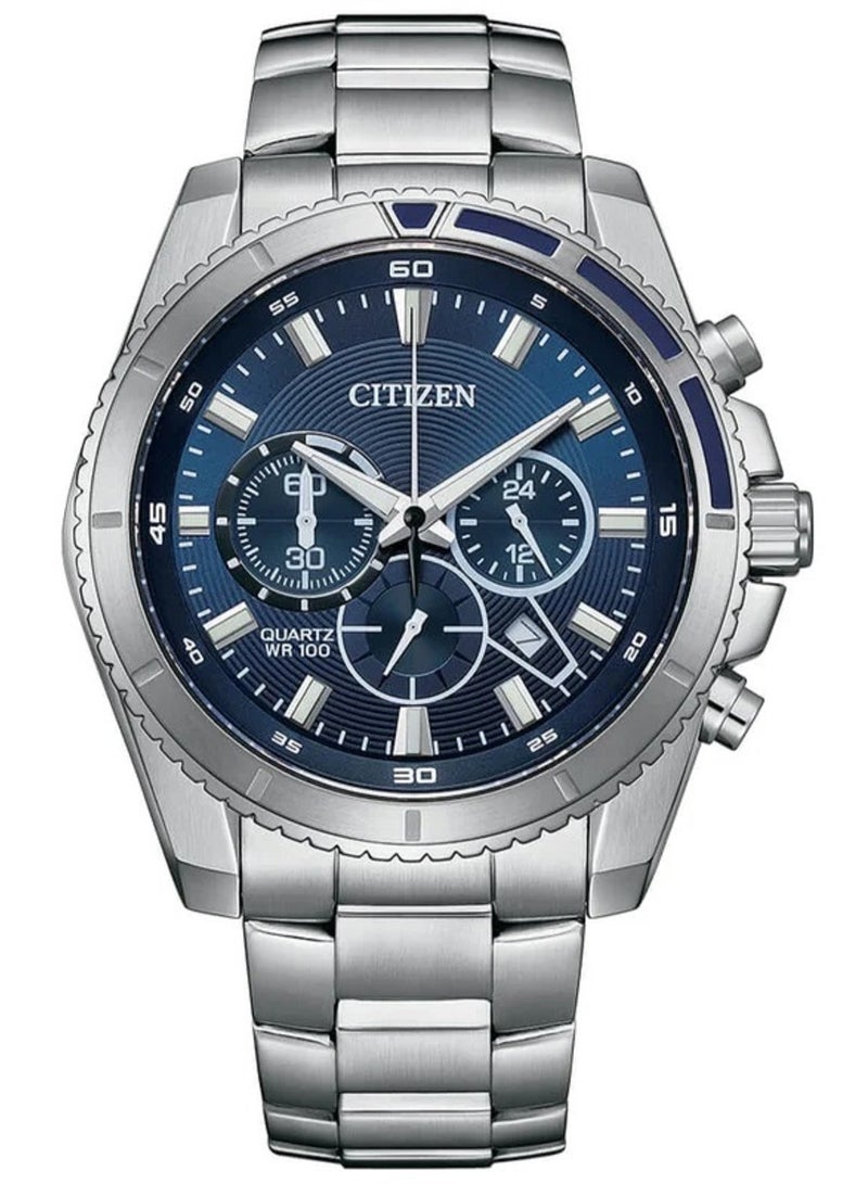 CITIZEN ساعة سيتيزن كوارتز 46.4 بمينا ازرق وسوار ستانلس ستيل انالوج للرجال - AN8201-57L، فضي