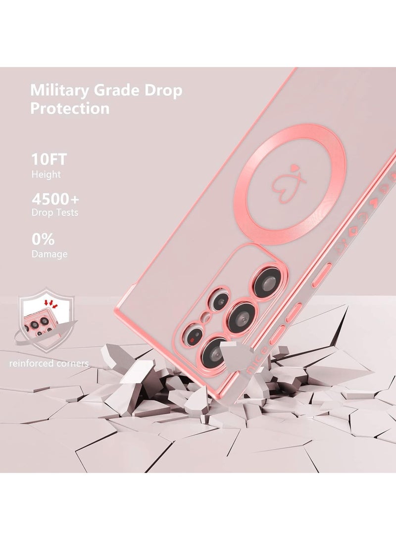 VKL Samsung Galaxy S25 Ultra Case Compatible with Mag-safe, for Women Cute Heart, Support Wireless Charging Electroplated Camera Lens Protection Cover Case for Samsung S25 Ultra (Pink) - Image 3