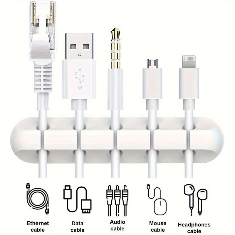 5 ثقوب حامل كابل USB من البلاستيك الأبيض منظم مكتبي خالٍ من التشابك تخزين متعدد المنافذ - Image 2
