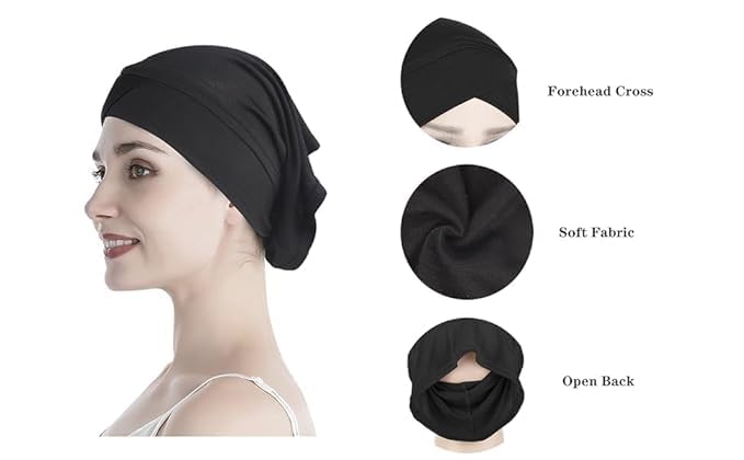 PAROPKAR Women's Lycra Fabric Under Scarf/Hijab/Tube Bonnet Bone/Chemo Hat Free Size Undercap Scarf Hijab Cap Unisex (Black) - Image 3