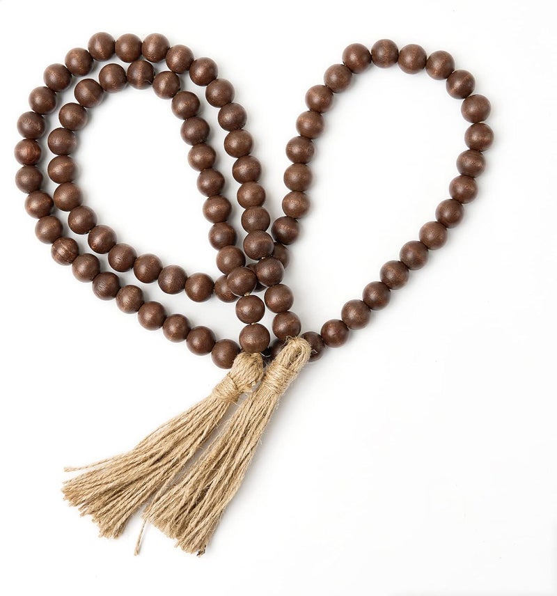 OMISHE 59in Wood Bead Garland with Tassels, Decorative Beads Decor, Farmhouse Wooden Beads Garland for Wall Hanging Home Festival Decor, Dark Brown - Image 1