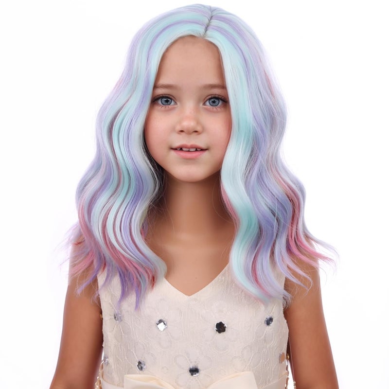 PATTNIUM Kids Rainbow Wig Child Short Wavy Wig Multicolor Colorful Wigs for Girls Synthetic Wigs