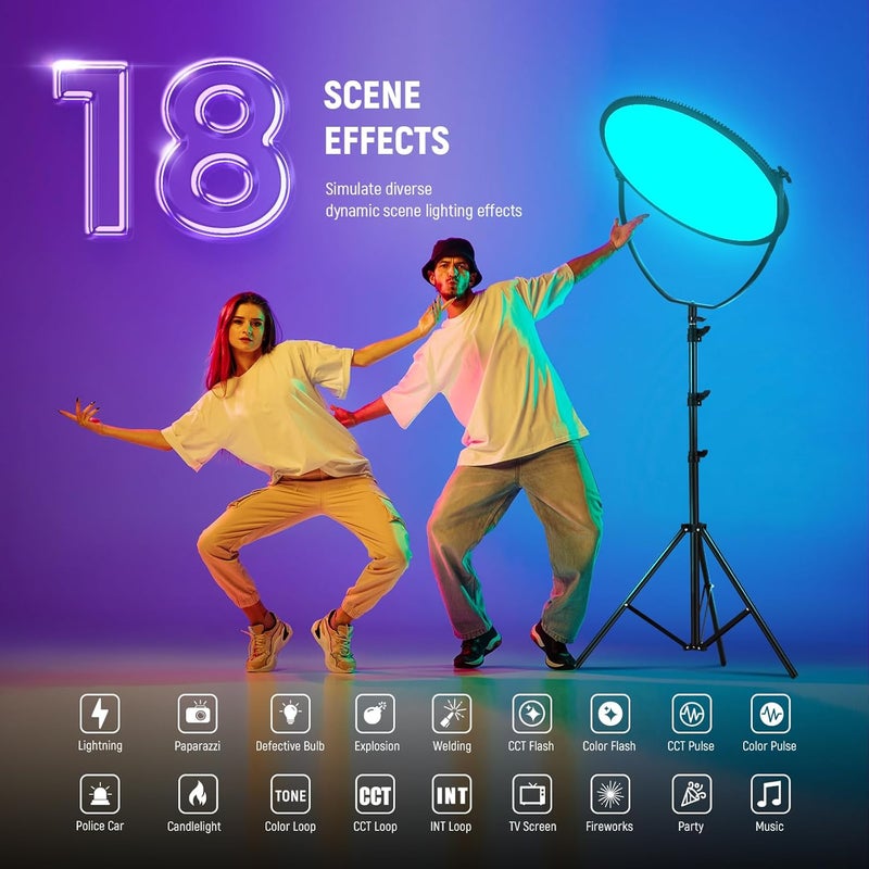 نيوير نيور ضوء فيديو LED دائري RGB بحجم 18 بوصة، 65 واط، CRI 97+، ثنائي اللون من 2500K إلى 8500K، تحكم عبر التطبيق، هيكل معدني، متوافق مع بطارية V-Mount للتصوير والبث المباشر - Image 4