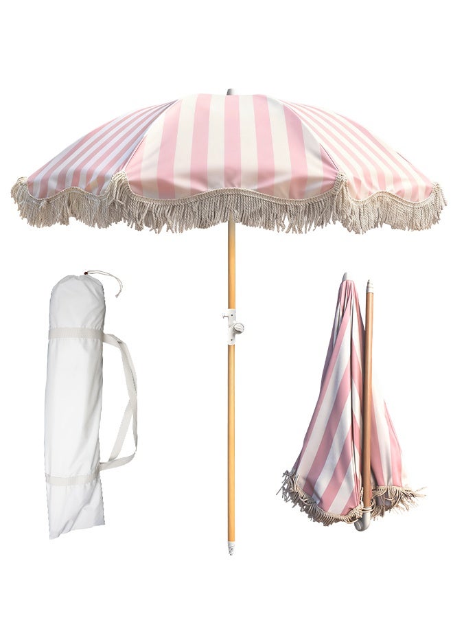 سولار لايف مظلة فناء مزينة بشراشيب بطول 1.8 متر، مظلة شاطئ مع زر إمالة وحقيبة حمل للحديقة أو الحديقة أو حمام السباحة أو الفناء (خطوط وردية) - Image 1
