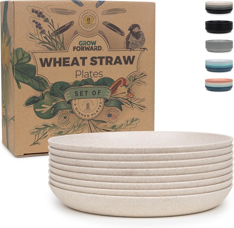 Grow Forward Premium Wheat Straw Dessert Plates  8 Inch Reusable Hard Plastic Plates Set of 8  Unbreakable Microwave Safe Plates for Dinner Camping RV Outdoors Patio Kitchen Dishes  Sahara - Image 1