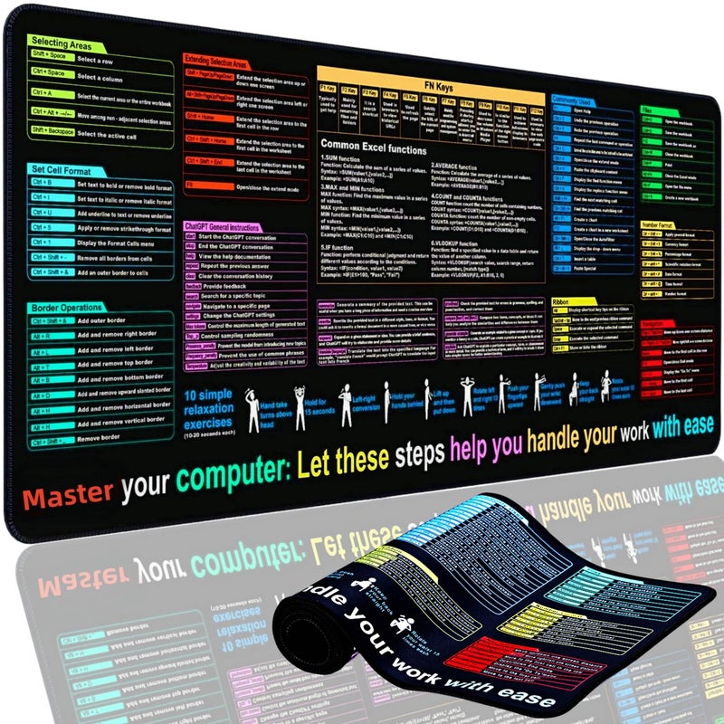 R RUCKERCO Excel Cheat Sheet Desk Pad Mat (11.8x31.5in) - XL Excel Formulas Shotcuts Mouse Pad Cheat Sheet Excel Function Modules & Waterproof | 3mm Non-Slip Pc Keyboard Cover | Office/Gaming Large XL Mouse Pad - Image 1