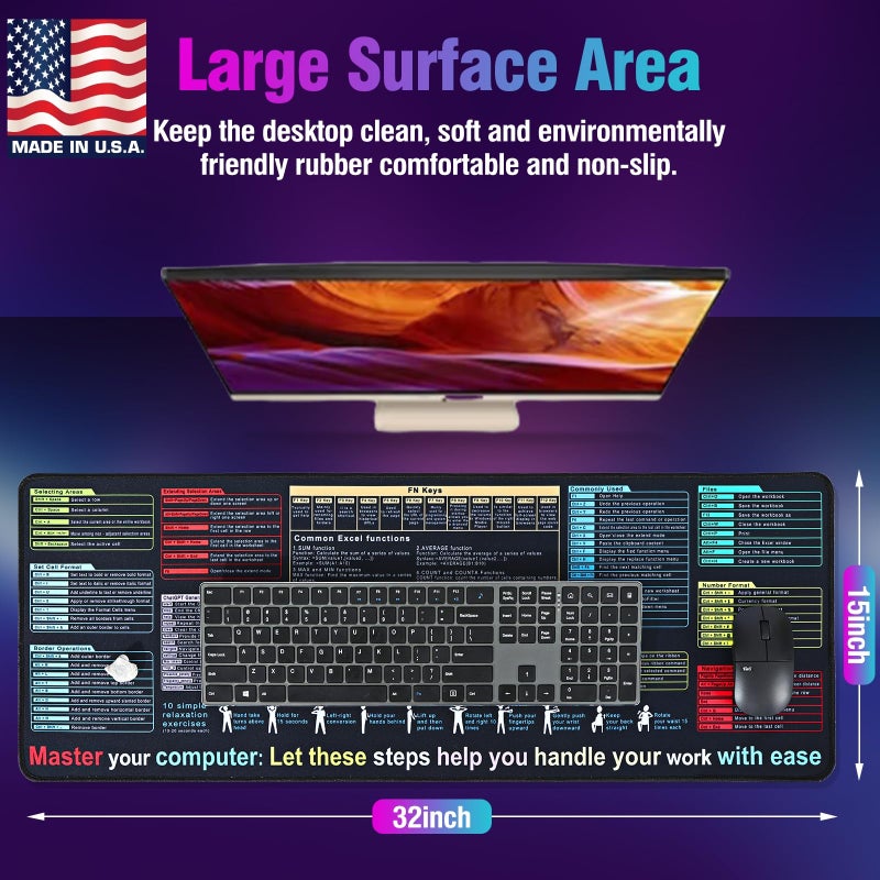 R RUCKERCO Excel Cheat Sheet Desk Pad Mat (11.8x31.5in) - XL Excel Formulas Shotcuts Mouse Pad Cheat Sheet Excel Function Modules & Waterproof | 3mm Non-Slip Pc Keyboard Cover | Office/Gaming Large XL Mouse Pad - Image 2