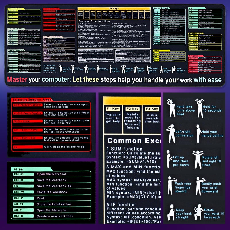 R RUCKERCO Excel Cheat Sheet Desk Pad Mat (11.8x31.5in) - XL Excel Formulas Shotcuts Mouse Pad Cheat Sheet Excel Function Modules & Waterproof | 3mm Non-Slip Pc Keyboard Cover | Office/Gaming Large XL Mouse Pad - Image 5