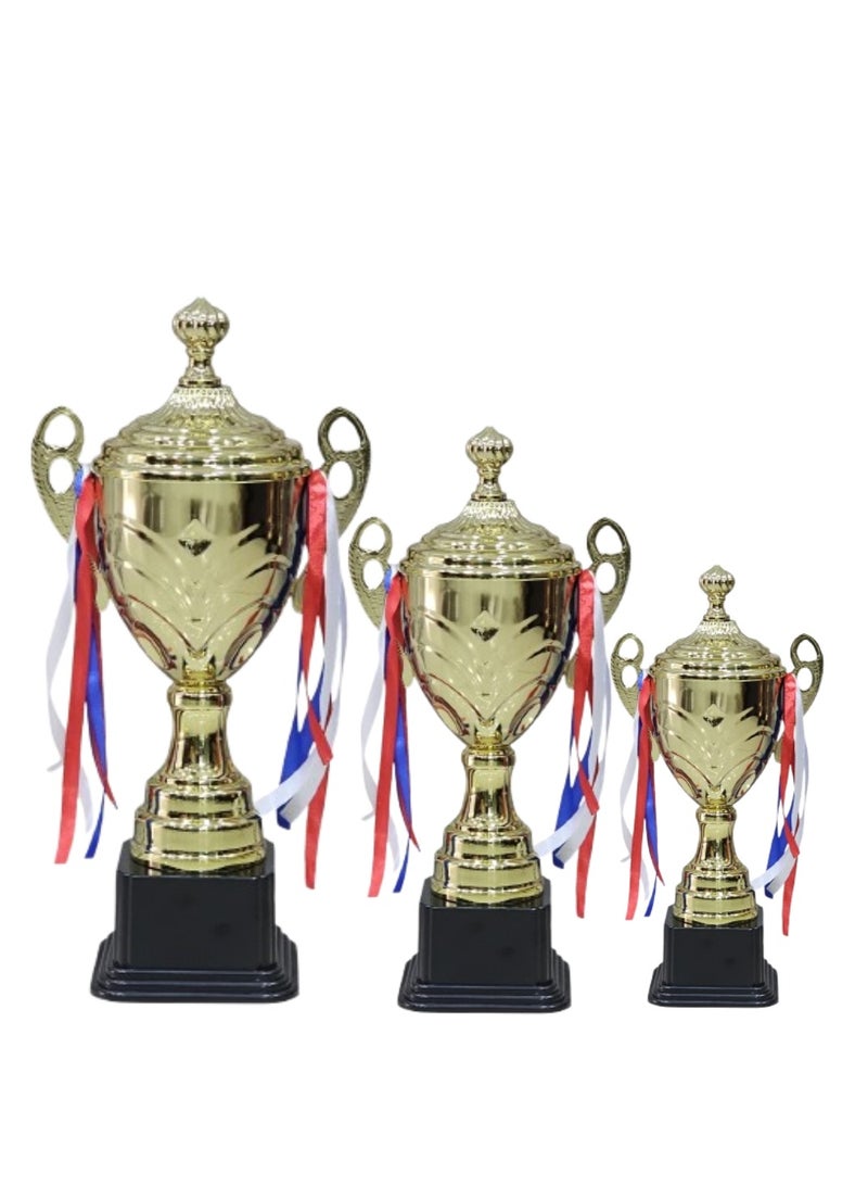 سبال مجموعة من ٣ كؤوس ذهبية معدنية من الحديد - ٤٩ سم، ٤٣ سم، ٣٩ سم | جوائز مميزة للفعاليات الرياضية والبطولات ودوريات كرة القدم والتعاون الجماعي - Image 1