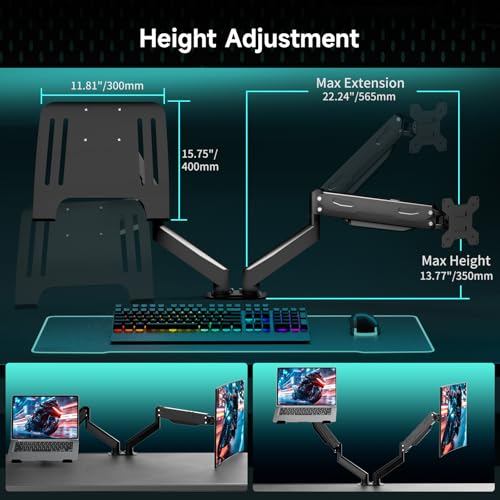 Pholiten Monitor and Laptop Mount for Max 32" Screen and 17" Notebook, Dual Monitor Mount Holds up to 22lbs, Laptop Tray Stand with Gas Spring Arm, VESA 75x75mm 100x100mm - Image 3
