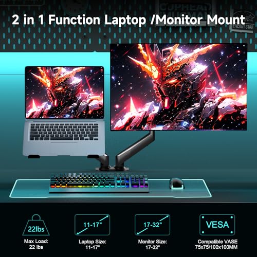 Pholiten Monitor and Laptop Mount for Max 32" Screen and 17" Notebook, Dual Monitor Mount Holds up to 22lbs, Laptop Tray Stand with Gas Spring Arm, VESA 75x75mm 100x100mm - Image 4