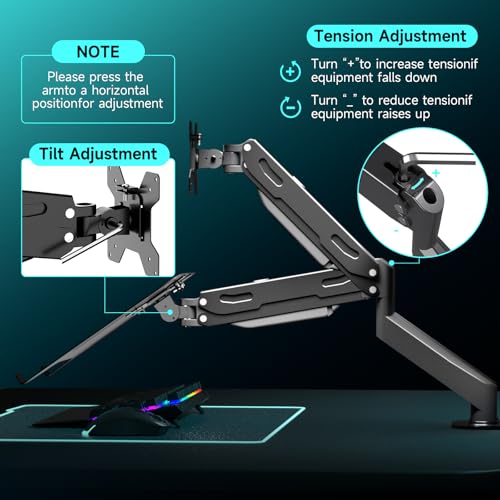 Pholiten Monitor and Laptop Mount for Max 32" Screen and 17" Notebook, Dual Monitor Mount Holds up to 22lbs, Laptop Tray Stand with Gas Spring Arm, VESA 75x75mm 100x100mm - Image 5