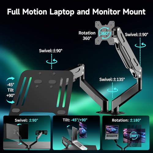 Pholiten Monitor and Laptop Mount for Max 32" Screen and 17" Notebook, Dual Monitor Mount Holds up to 22lbs, Laptop Tray Stand with Gas Spring Arm, VESA 75x75mm 100x100mm - Image 2