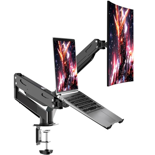 Pholiten Monitor and Laptop Mount for Max 32" Screen and 17" Notebook, Dual Monitor Mount Holds up to 22lbs, Laptop Tray Stand with Gas Spring Arm, VESA 75x75mm 100x100mm - Image 1