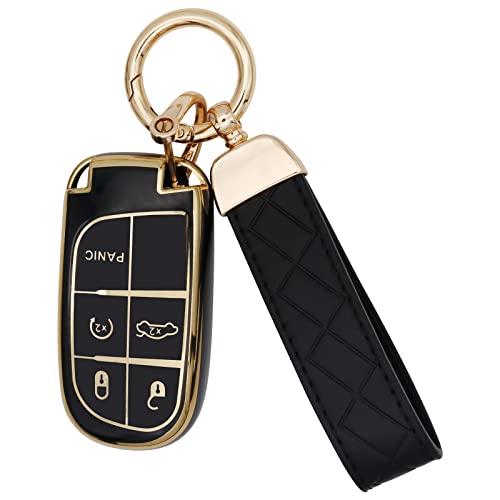 SUNCARACCL for Jeep Key Fob Cover with Leather Keychain, Soft TPU Full Cover Protection Key Case for Grand Cherokee Renegade Dodge Durango Challenger Journey Smart Key - Image 1