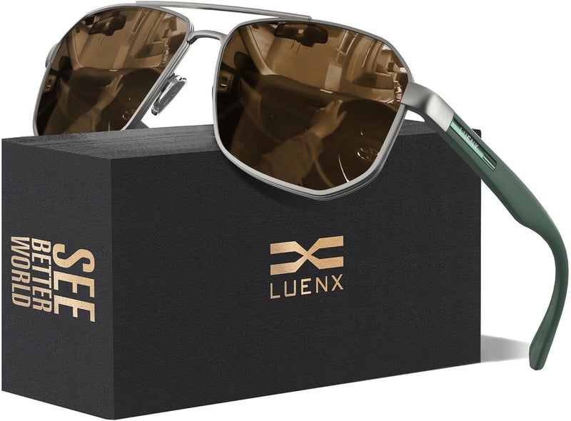 LUENX Aviator Sunglasses for Men Square Polarized Polygon Lens - UV 400 Protection with Accessories 61MM Driving Outdoor - Image 1
