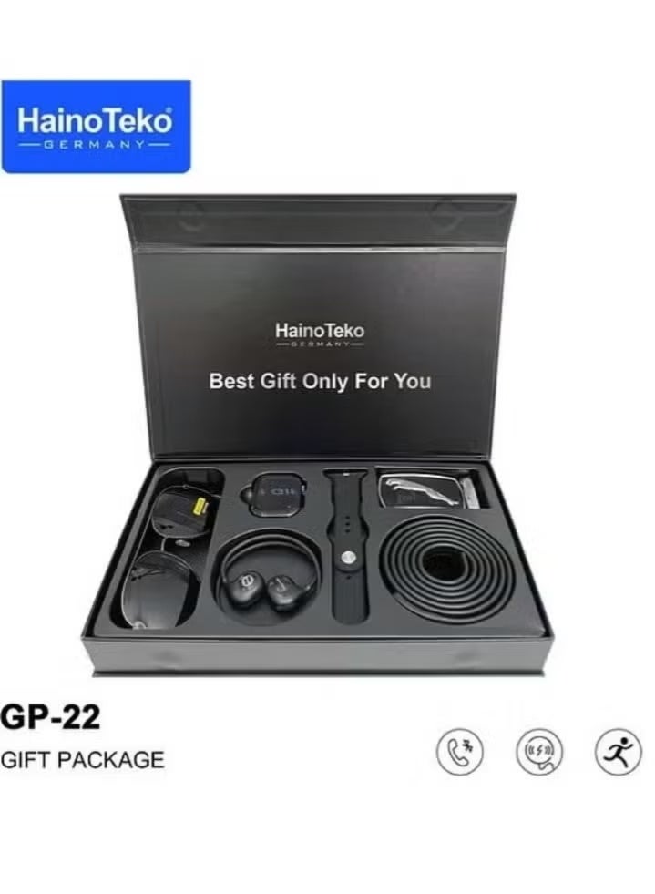Haino Teko GP22 Smart Watch Gift Box for Men & Boys – Premium 4-in-1 Tech & Fashion Gift Set Including Waterproof Fitness Tracker Smartwatch, Bluetooth Neckband for Music & Calls, UV Sunglasses & Adjustable Leather Belt – Ideal Gift for Birthdays, Holidays & Special Occasions - Image 1