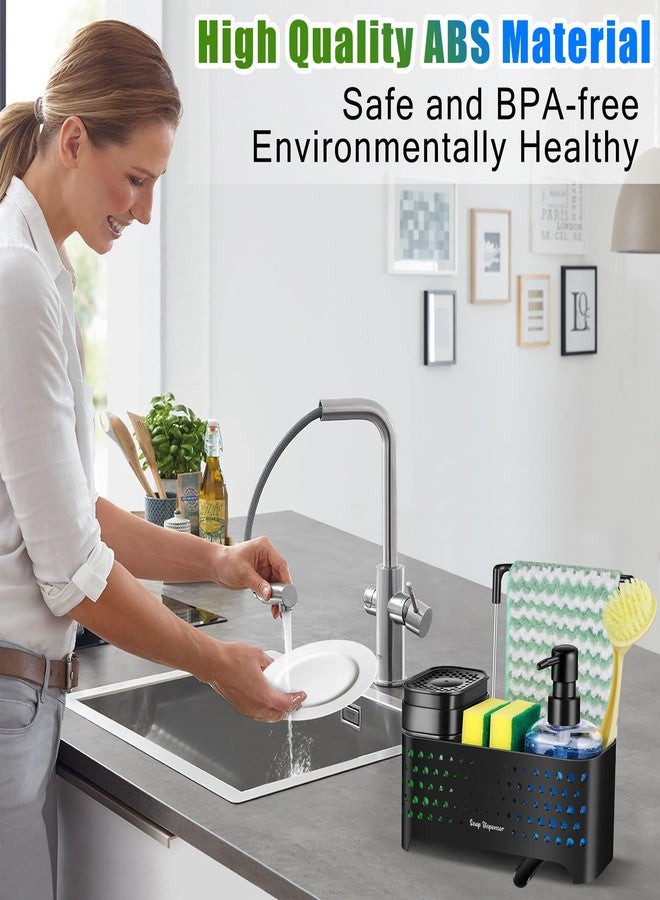 Eavida طقم موزع صابون للمطبخ، حامل إسفنج لحوض المطبخ، موزع صابون لليدين والأطباق مع منظم حوض - تصميم 5 في 1، منظم حوض مطبخ مانع للانزلاق لتصريف المياه (أسود) - Image 3