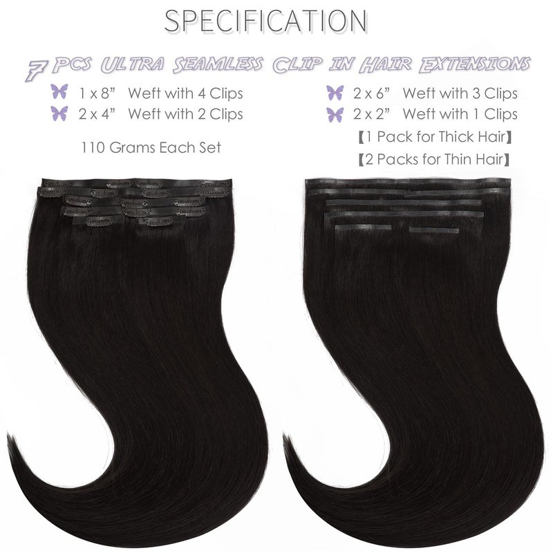Lacer Hair Glam Seamless Clip in Hair Extensions Natural Black Human Hair Extensions 110g 7pcs 20 Inch Clip in Human Hair with Invisible PU Weft Remy Seamless Clip on Hair Extensions for Women #1B - Image 2