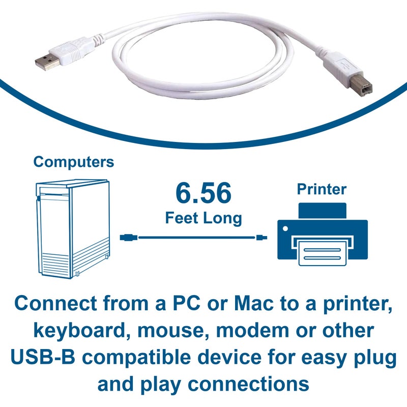 C2G C2G USB Connection Cable, USB 2.0 A to B Cable, Plug and Play USB Hub with Long USB Extension Cable, 6.5 Foot USB Cable, White, C2G 13172  - Image 2