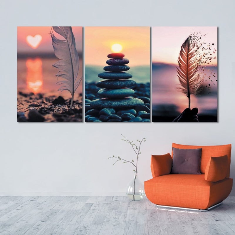 Marktna Three modern canvas paintings with a landscape design and a hollow frame, measuring (90×40), three pieces - Image 1