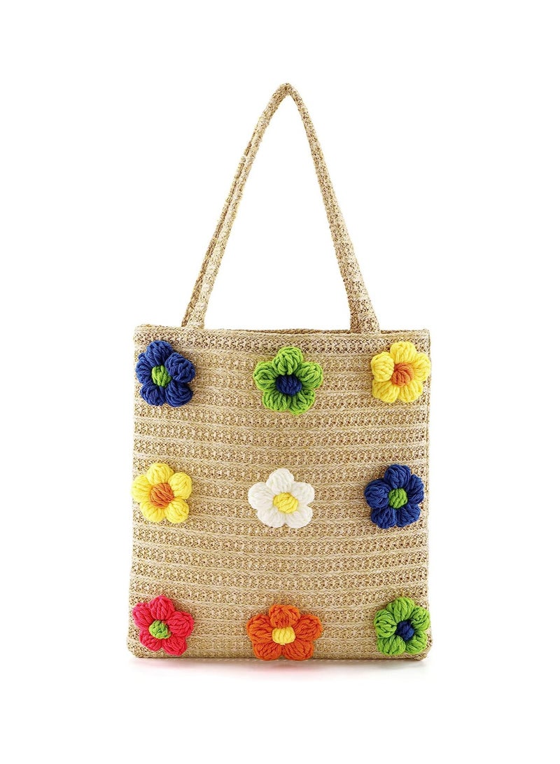 SYOSI Summer Beach Straw Bag Flower Cotton Crochet Woven, Womens Hand-woven Shoulder Bag Handbag Large - Image 1