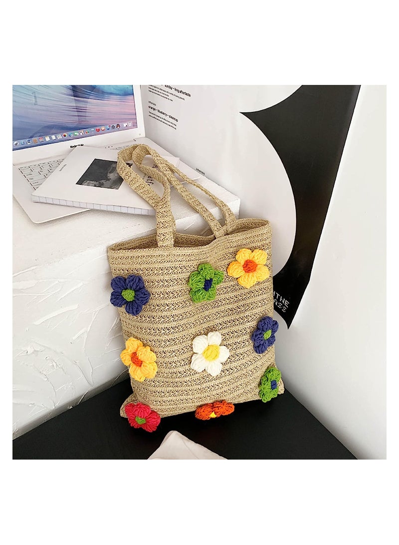 SYOSI Summer Beach Straw Bag Flower Cotton Crochet Woven, Womens Hand-woven Shoulder Bag Handbag Large - Image 3