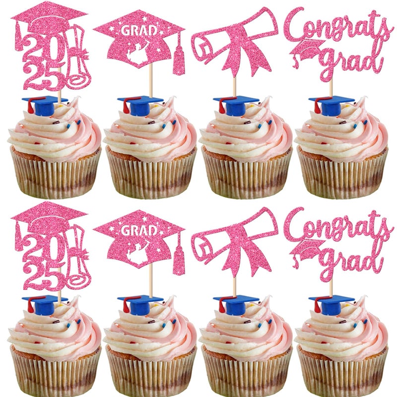 Rsstarxi 36 Pack 2025 Graduation Cupcake Toppers Glitter Class of 2025 Grad Cap Diploma Cupcake Picks Decorations for Congrats Grad 2025 Graduation Theme Party Cake Decorations Pink - Image 1