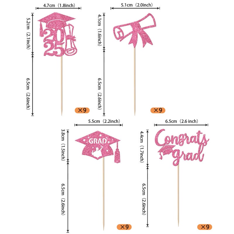 Rsstarxi 36 Pack 2025 Graduation Cupcake Toppers Glitter Class of 2025 Grad Cap Diploma Cupcake Picks Decorations for Congrats Grad 2025 Graduation Theme Party Cake Decorations Pink - Image 2