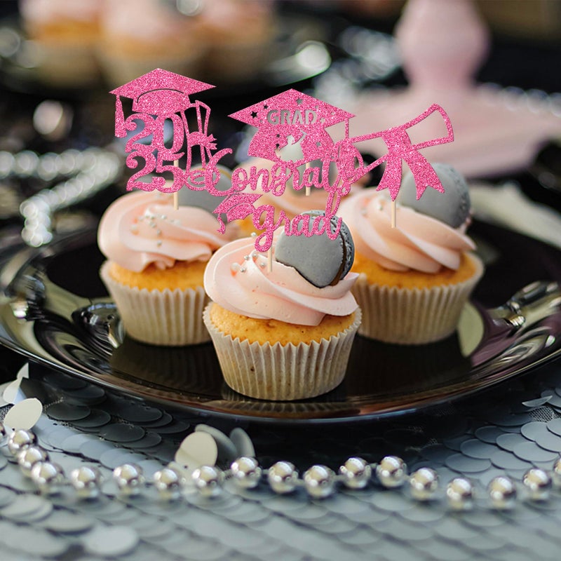 Rsstarxi 36 Pack 2025 Graduation Cupcake Toppers Glitter Class of 2025 Grad Cap Diploma Cupcake Picks Decorations for Congrats Grad 2025 Graduation Theme Party Cake Decorations Pink - Image 3