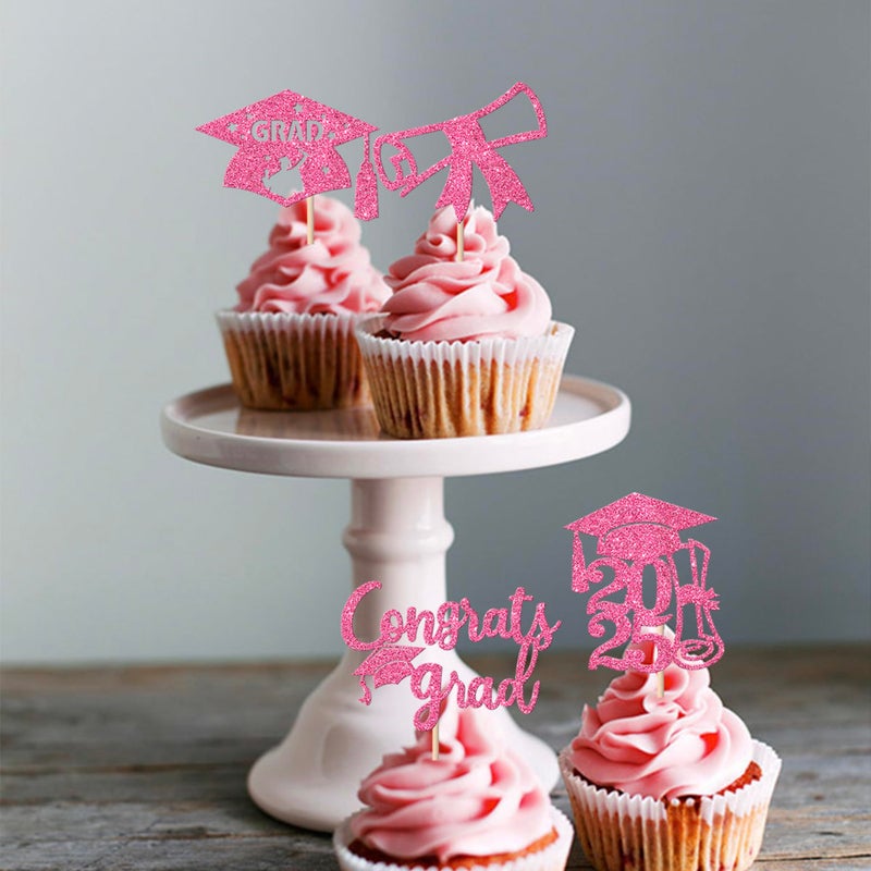 Rsstarxi 36 Pack 2025 Graduation Cupcake Toppers Glitter Class of 2025 Grad Cap Diploma Cupcake Picks Decorations for Congrats Grad 2025 Graduation Theme Party Cake Decorations Pink - Image 5