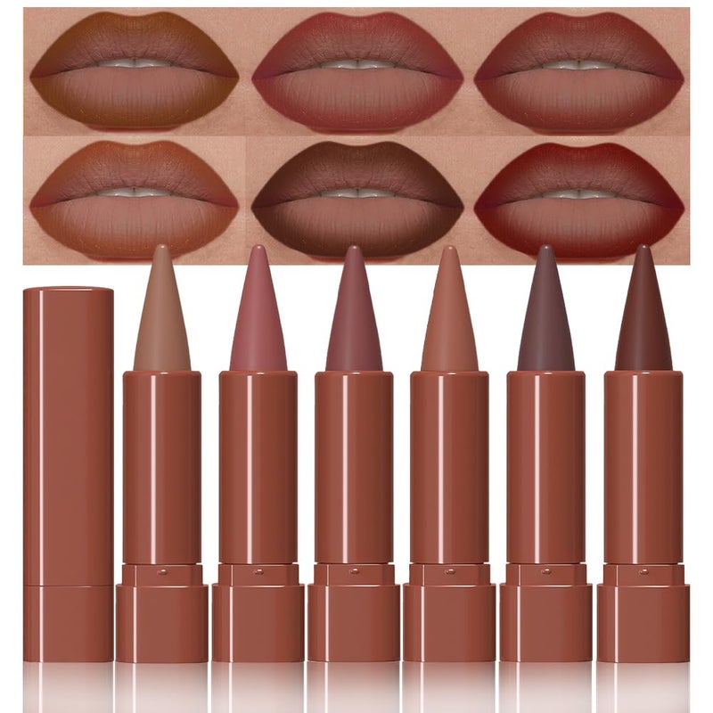 evpct 6Pcs Warm Red Brown Nude Maroon Dark Wine Gradient Matte Lipstick Lip Liner Crayon Combo Pencil Set for Women, Longwear Cream Lipliner and Lipstick Combo Makeup, Flawless Lip Bar Ombre Effect - Image 1