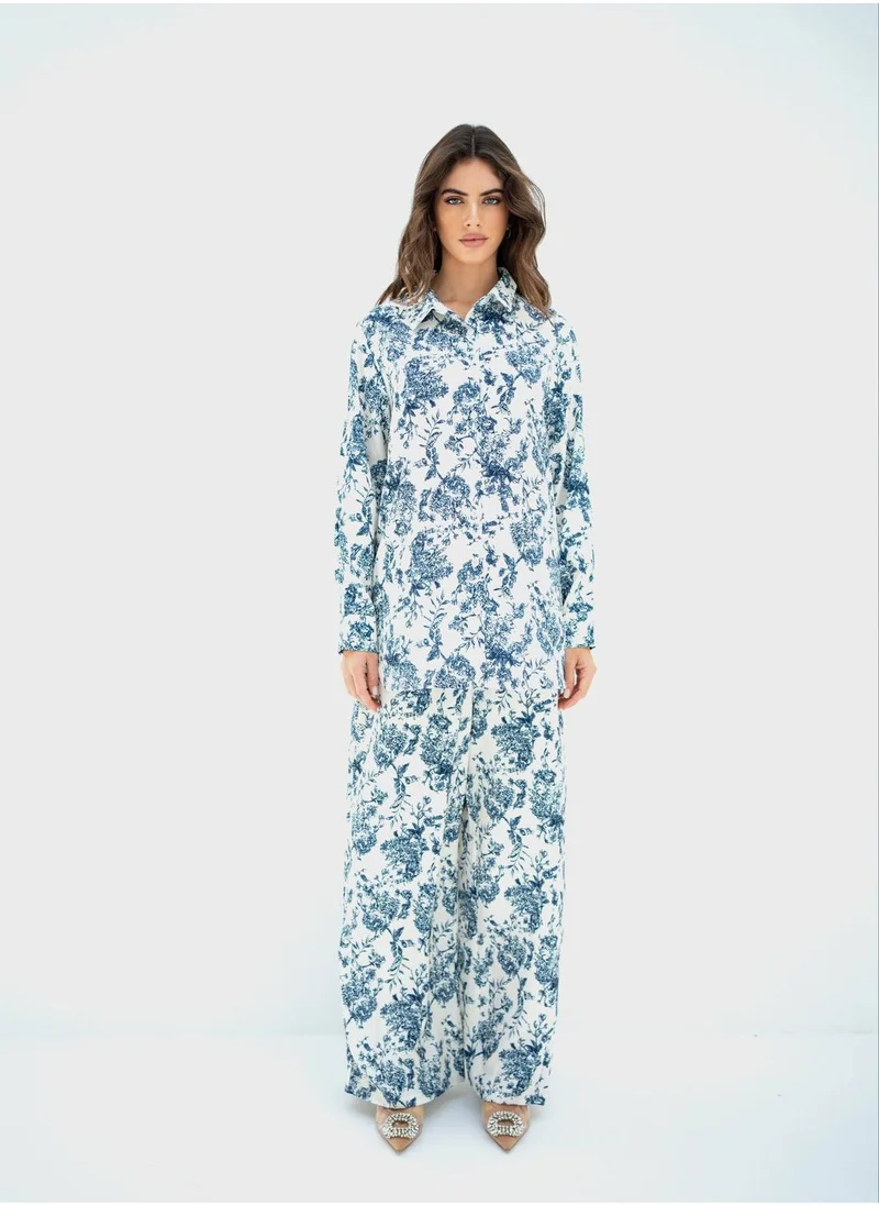 Hassal Printed Button Down Shirt And High Waist Pants Set