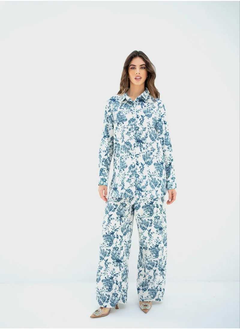 Hassal Printed Button Down Shirt And High Waist Pants Set