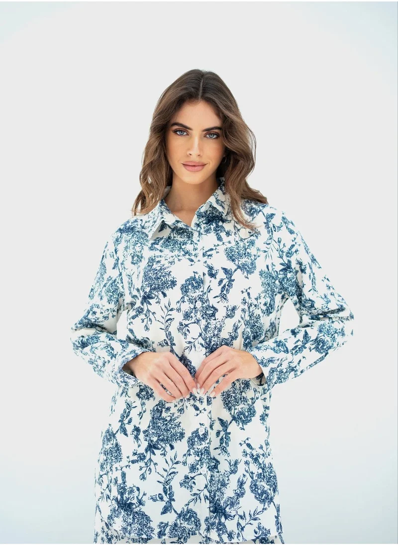 Hassal Printed Button Down Shirt And High Waist Pants Set
